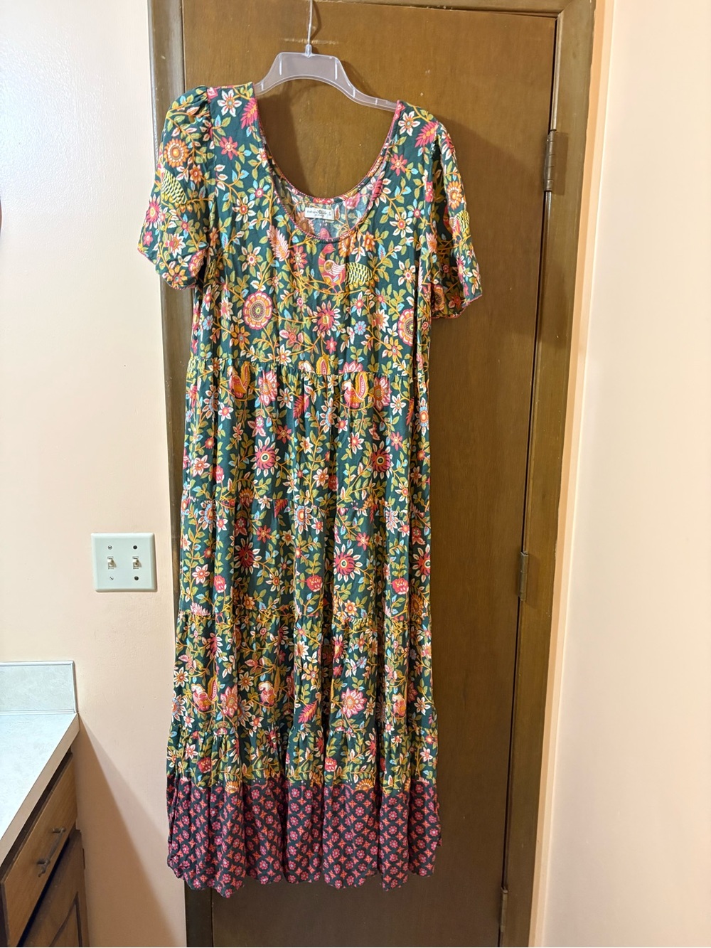 Natural Life green & red floral bird print maxi dress